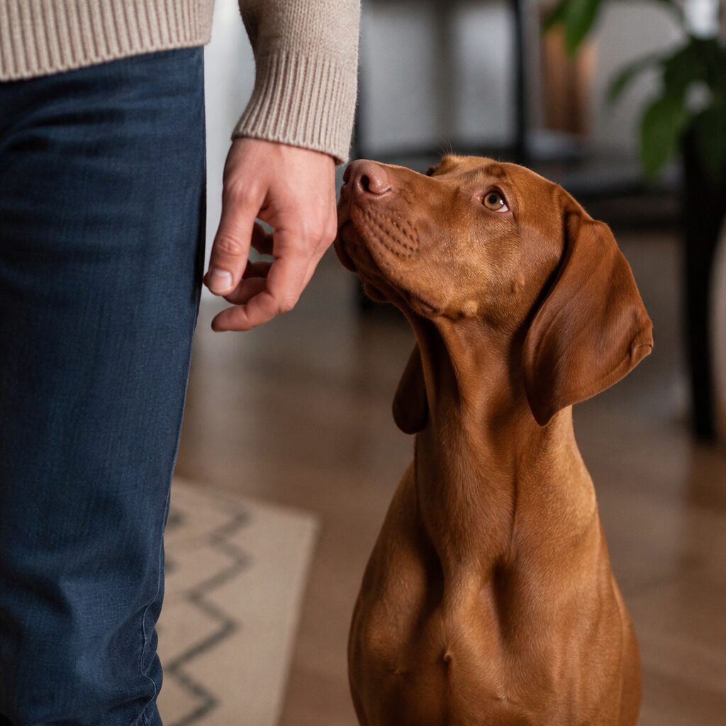 Copper vizsla pressed close to owner with devoted gaze — velcro dog breed