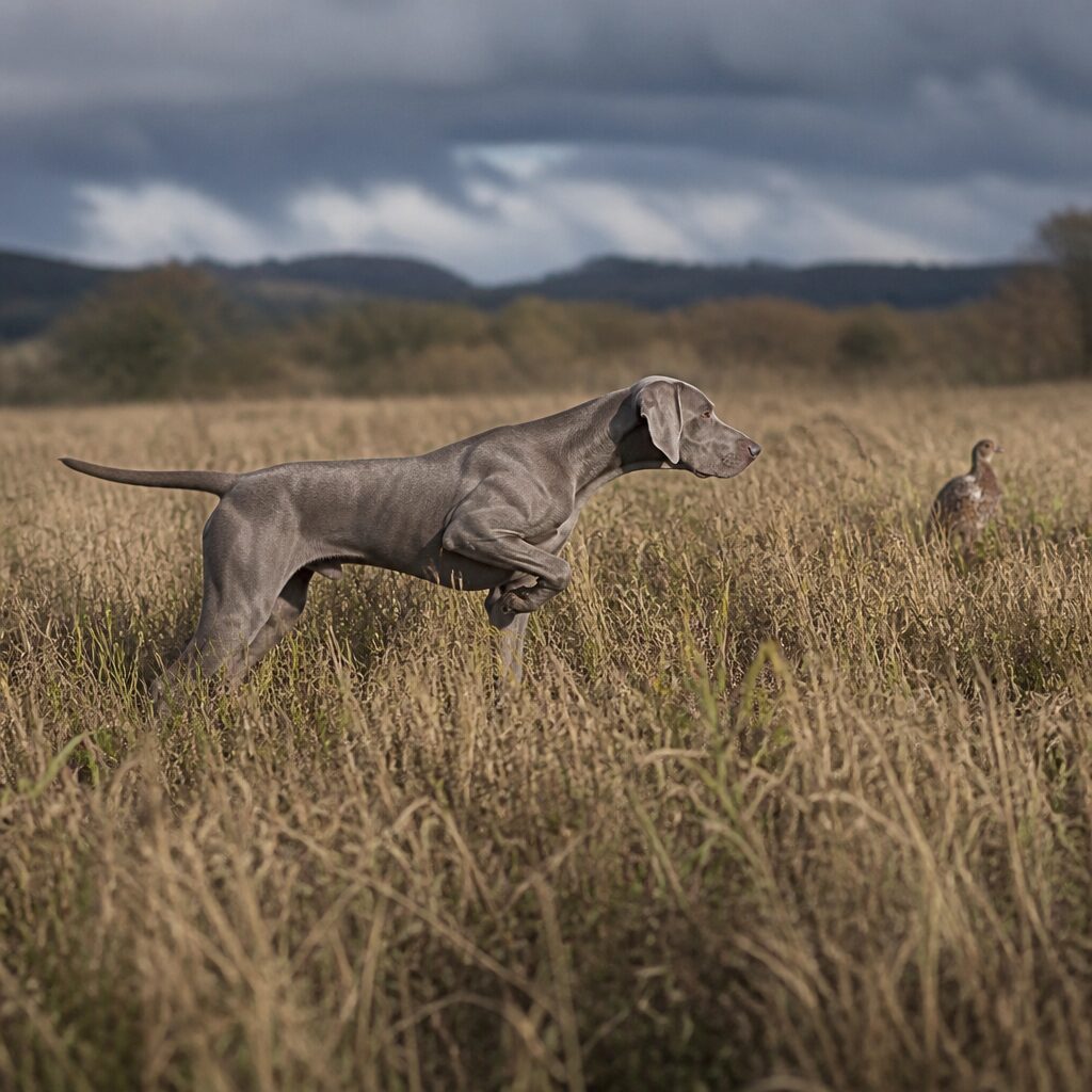 Grey weimaraner pointing at bird in tall grass — high-drive working breed