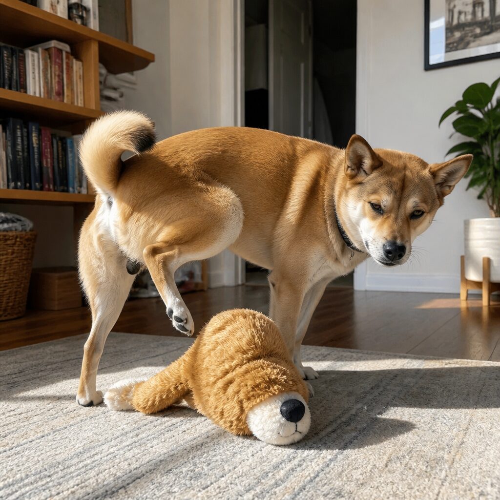 Medium dog mid-air on a plushie — humping behavior moment