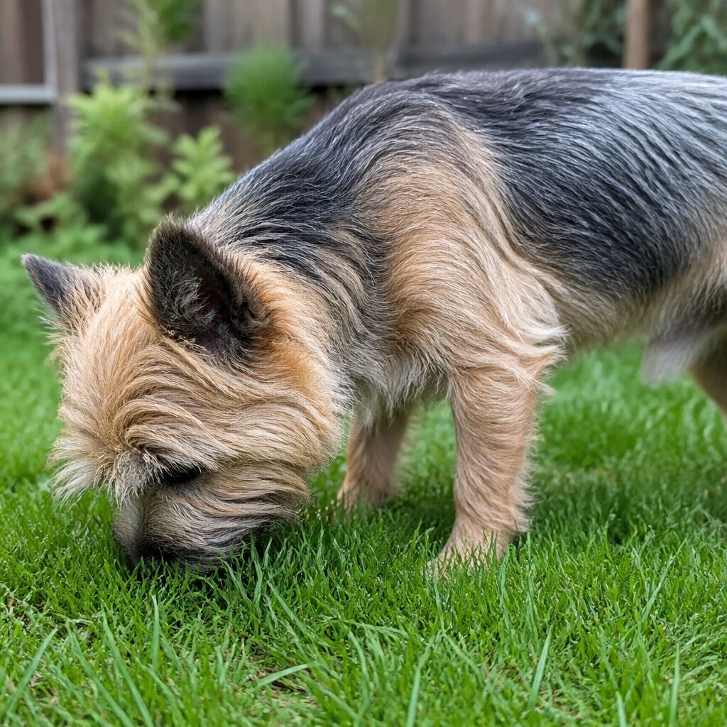 Small terrier eating grass in a backyard — common dog behavior