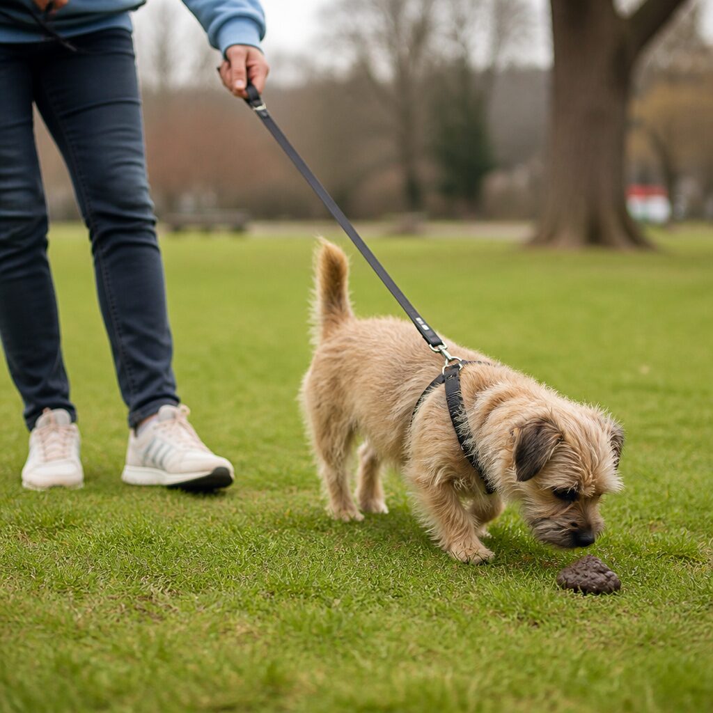 Small terrier investigating poop on lawn — coprophagia behavior