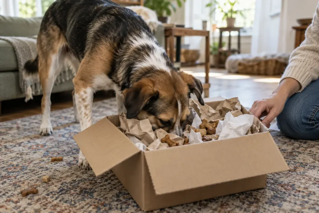 Dog sniffing through a cardboard box of crumpled paper and treats