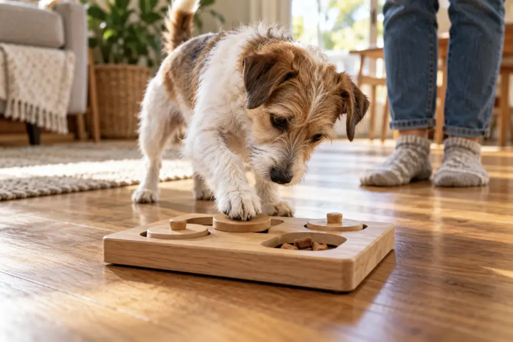 Terrier mix pushing a wooden puzzle board piece with its paw to find treats