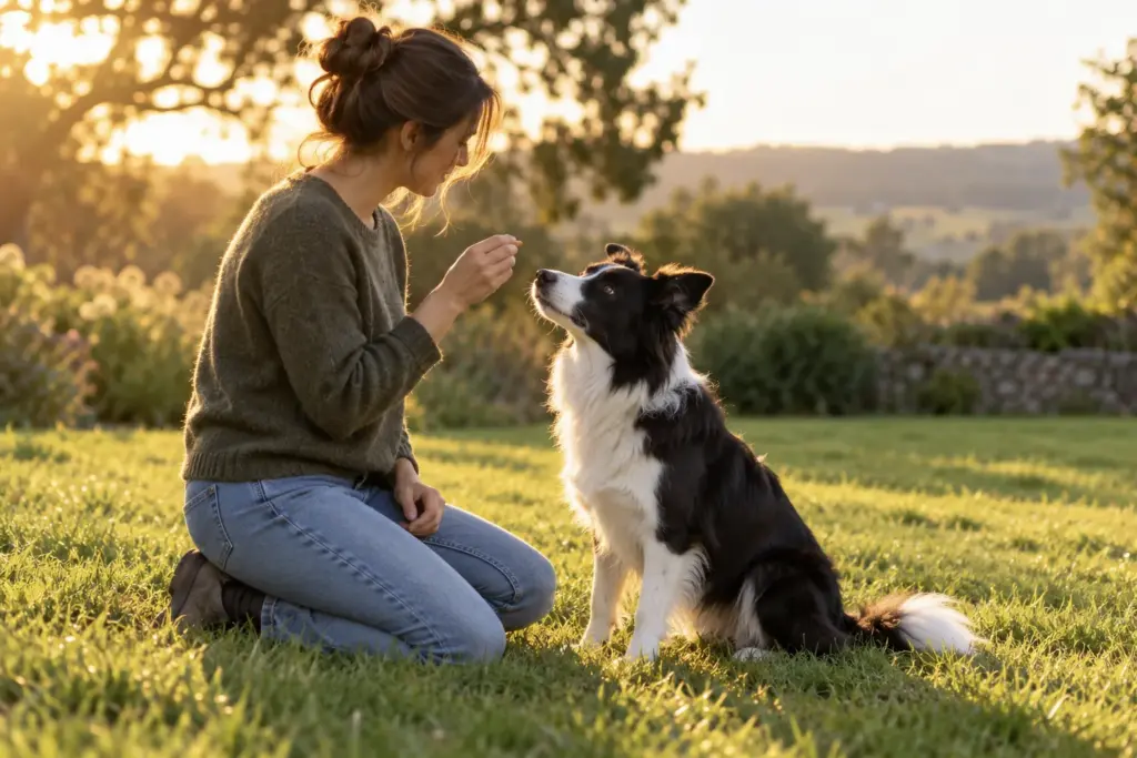 Woman kneeling on a lawn rewarding a sitting border collie with a treat